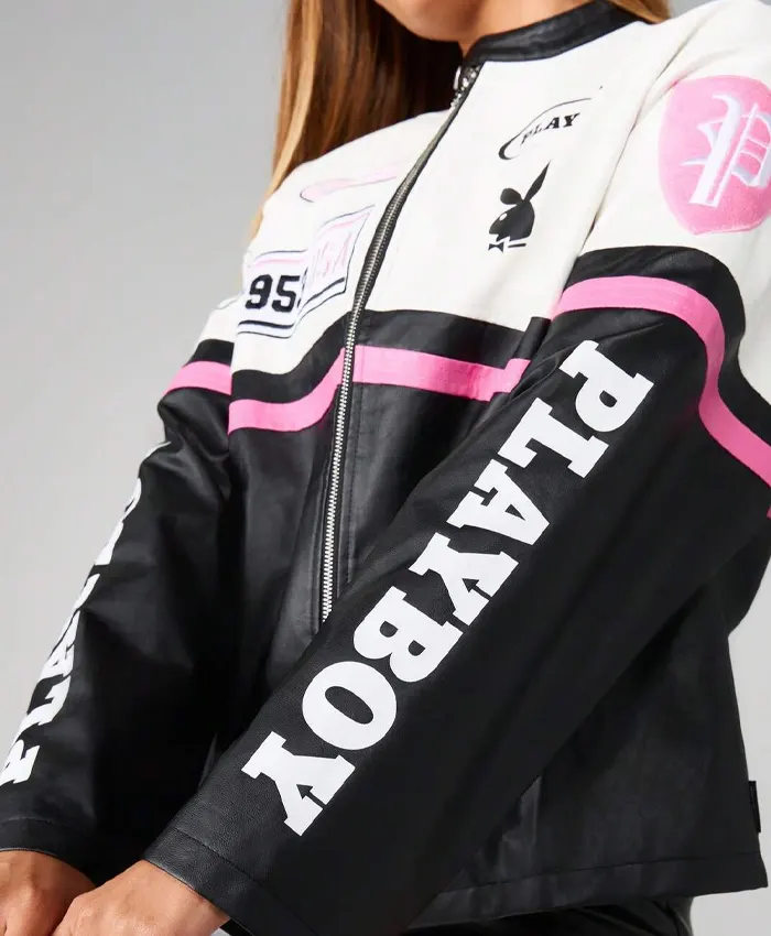 Missguided x Playboy Color Block Racing Moto Leather Jacket With Graphics