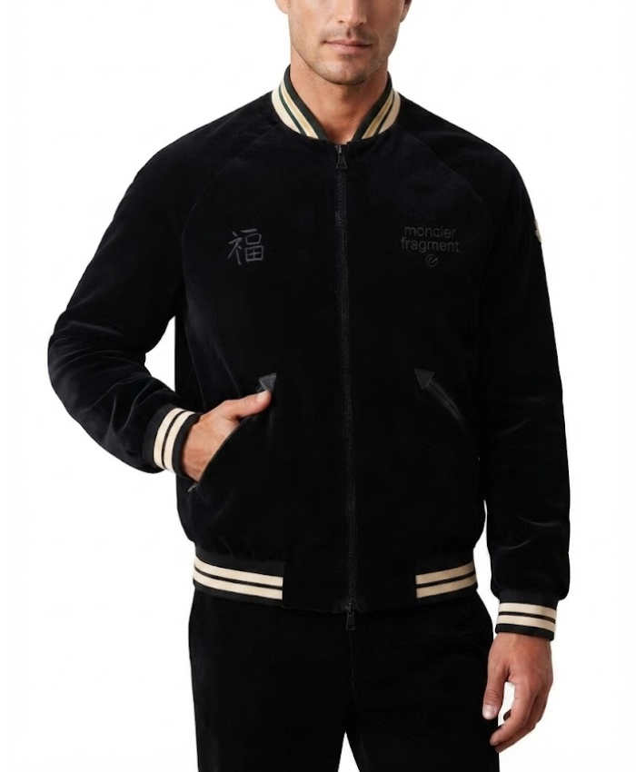 Moncler x Fragment Yugo Embroidered Souvenir Black Bomber Jacket Front View