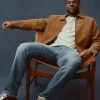 NFL New York Giants Malik Nabers x Abercrombie Brown Suede Leather Jacket Front View