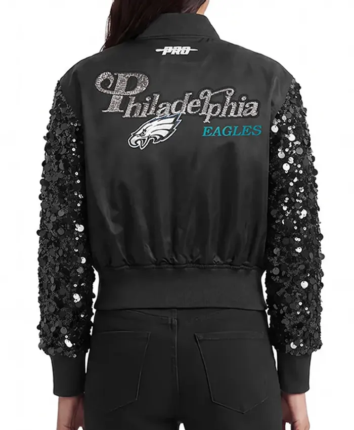 NFL Philadelphia Eagles Show Time Chamarra Blue Satin Bomber Jacket Back View
