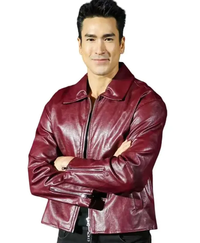 Nadech Kugimiya Movie The Debt Collector 2026 Burgundy Leather Jacket