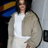 New York City SoHo 2026 Rihanna Oversized Cropped Beige Jacket Front View