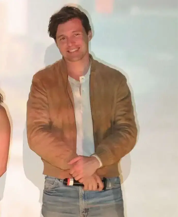 Nick Robinson Movie Voicemails for Isabelle 2026 Wes Brown Suede Leather Bomber Jacket Front