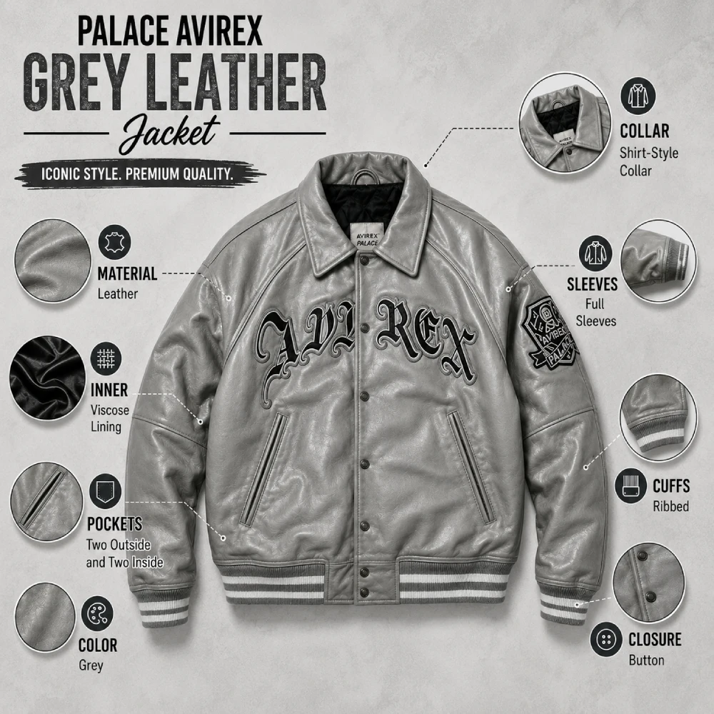Palace Avirex Grey Leather Jacket Infographic