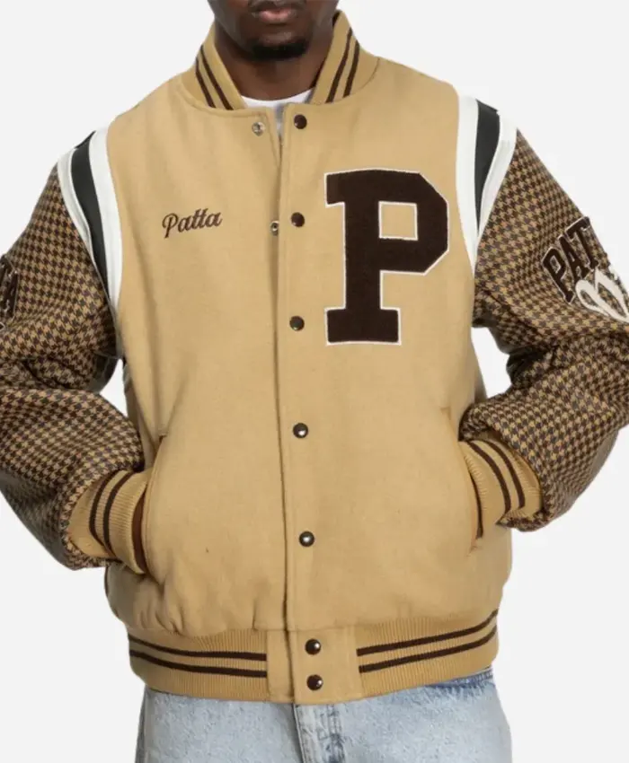 Patta Athletic P Houndstooth Beige Varsity Jacket Front