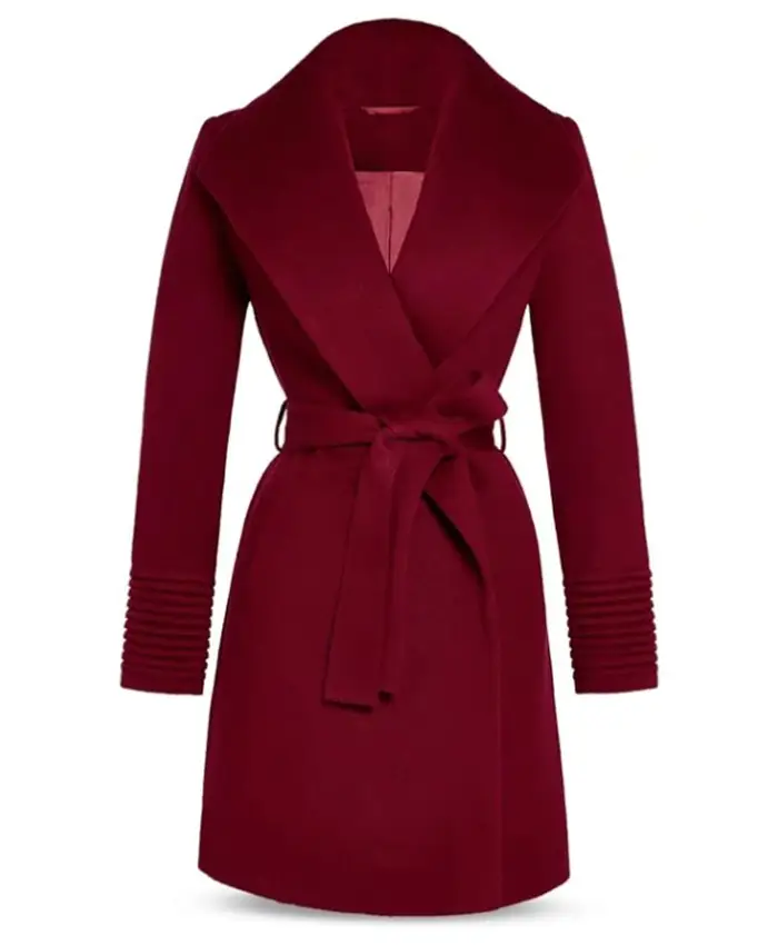 Sarah Rafferty TV Series My Life With The Walter Boys 2026 Katherine Walter Maroon Wool Wrap Coat Front