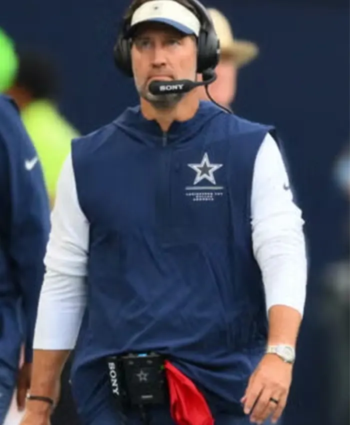 Shop 2026 Dallas Cowboys Preseason Brian Schottenheimer Navy Blue Half-Zip Sleeveless Anorak Jacket