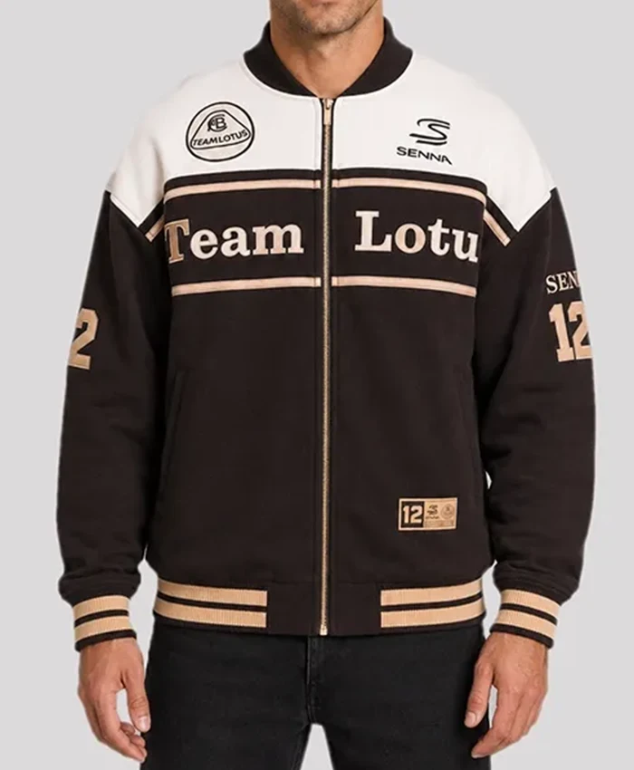Shop 2026 F1 Ayrton Senna x Lotus Oversized Cotton Varsity Jacket Front View