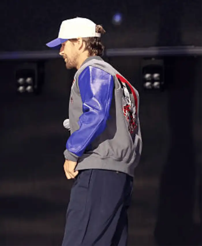 Shop-Disney-Entertainment-Showcase-2026-Mickey-Mouse-Ryan-Gosling-Grey-and-Blue-Varsity-Jacket