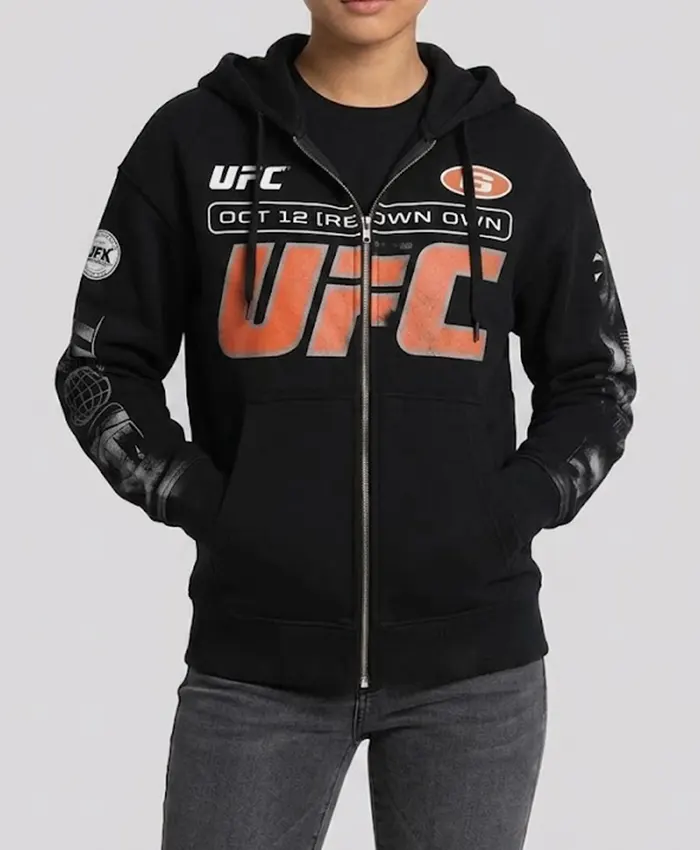 Shop Drake’s OVO x UFC 2026 Capsule Collection Black Fleece Hooded Jacket Front View