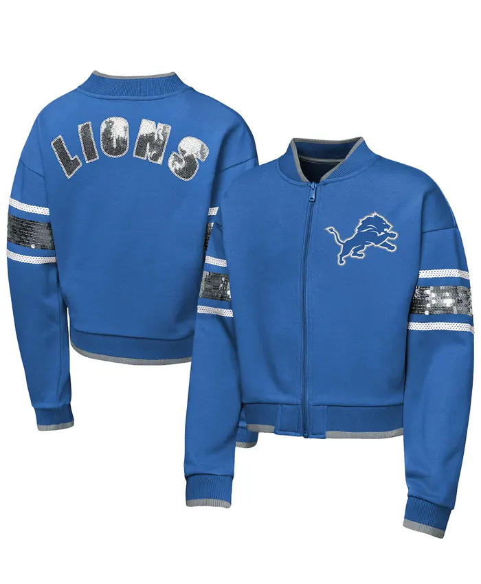 Shop Girls Youth Detroit Lions Outerstuff Blue MVP Full-Zip Sequin Bomber Jacket For Sale