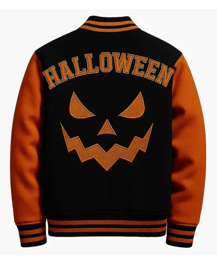 Shop Halloween Black and Orange Pumpkin Varsity Jacket 