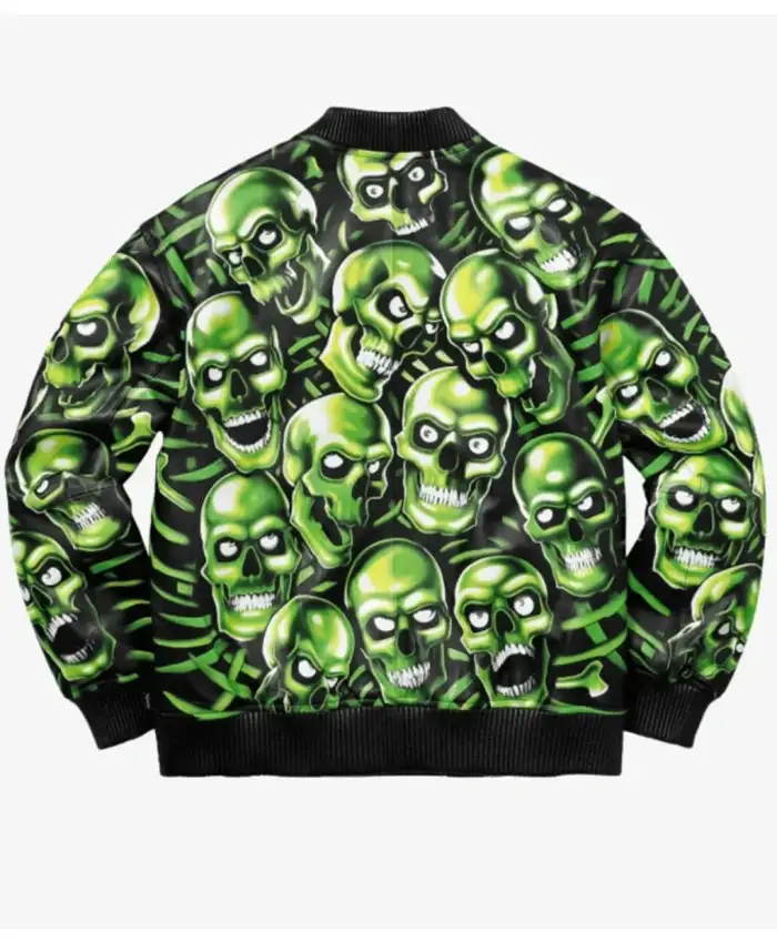Shop-Halloween-Skull-Pile-Neon-Green-All-Over-Print-Black-Bomber-Leather-Jacket-On-Sale