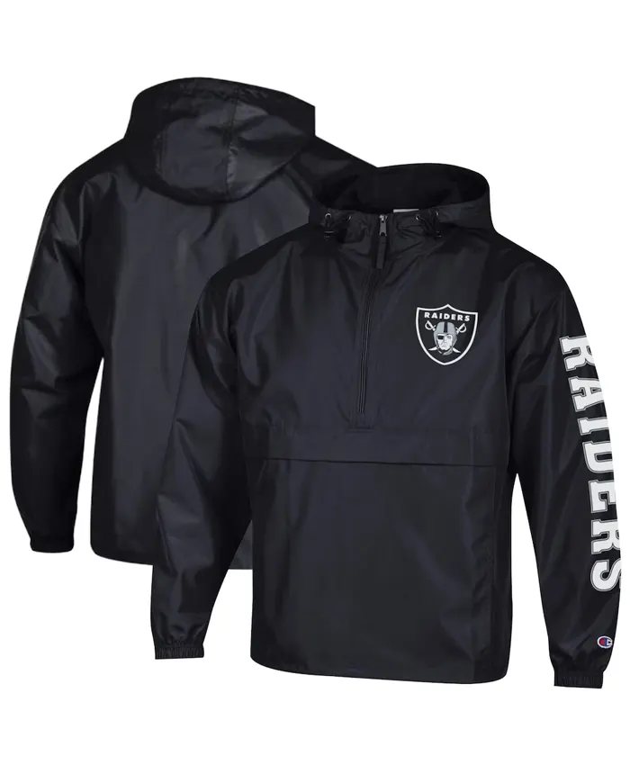 Shop Las Vegas Raiders Champion Black Packable Hooded Windbreaker Half-Zip Jacket For Sale