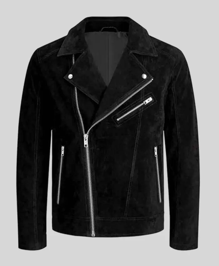 Shop Men's Amand Black Suede Leather Biker Style Jacket For Sale