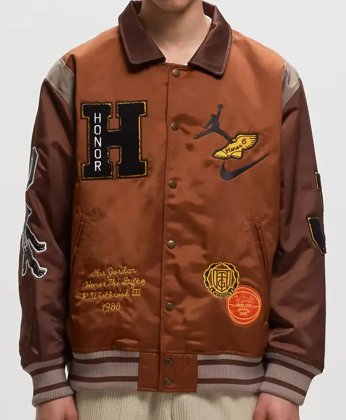Shop Men's Jordan x Honor The Gift Westbrook Brown Letterman Varsity Jacket For Sale