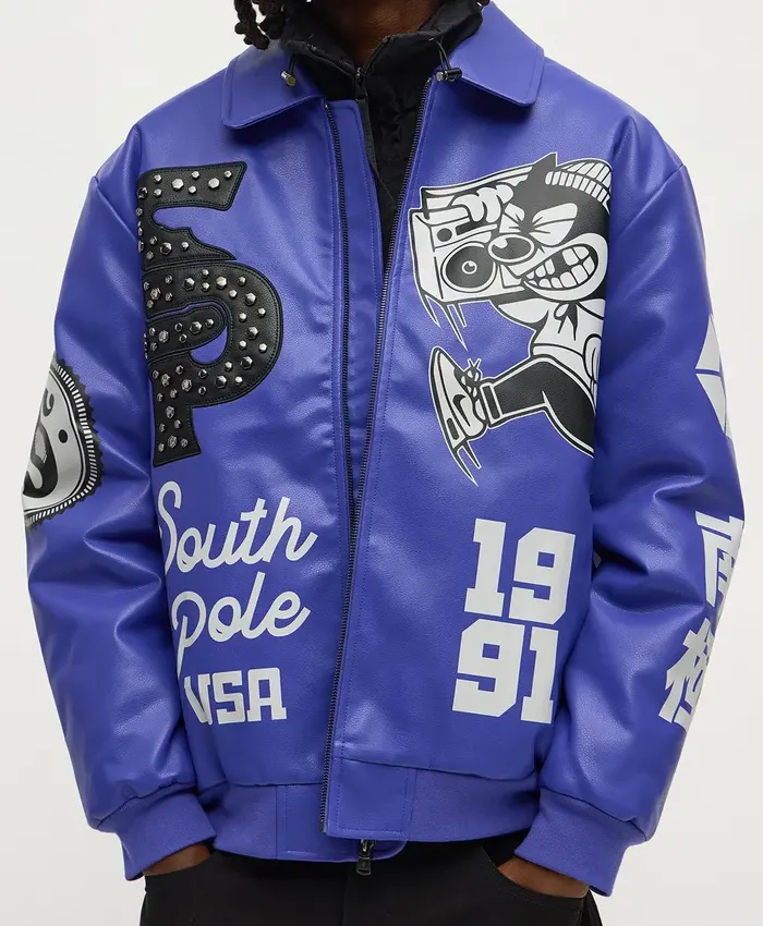 Southpole Midnight Riot Royal Blue Leather Bomber Varsity Jacket