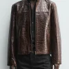 Shop Men's Zara Crocodile Style Brown Leather Bomber Jacket For Sale