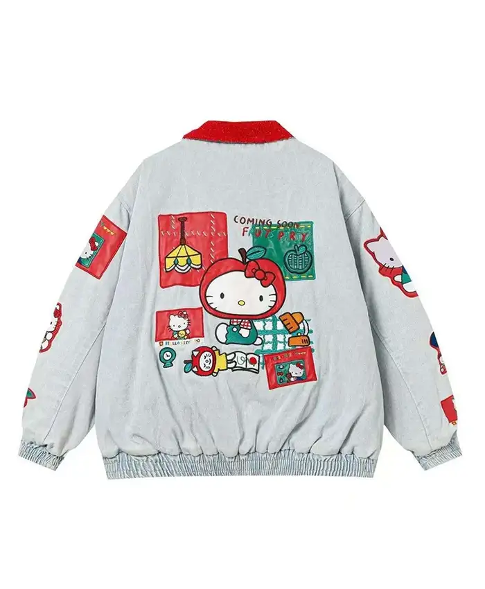 Shop Now Hello Kitty Fruit Party Blue Denim Bomber Jacket Style 2 Back View