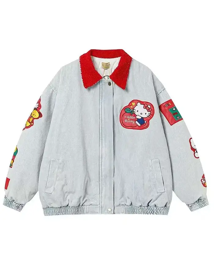 Shop Now Hello Kitty Fruit Party Blue Denim Bomber Jacket Style 2