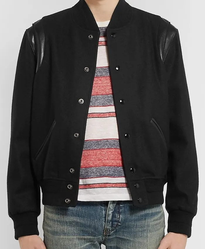 Shop Saint Laurent Teddy Leather-Trimmed Black Wool Bomber Jacket For Men