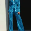 Shop Sparkly 2 Pieces Sequin Notched Lapel Formal Suit For Women Dark Blue