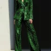 Shop Sparkly 2 Pieces Sequin Notched Lapel Formal Suit For Women Dark Green