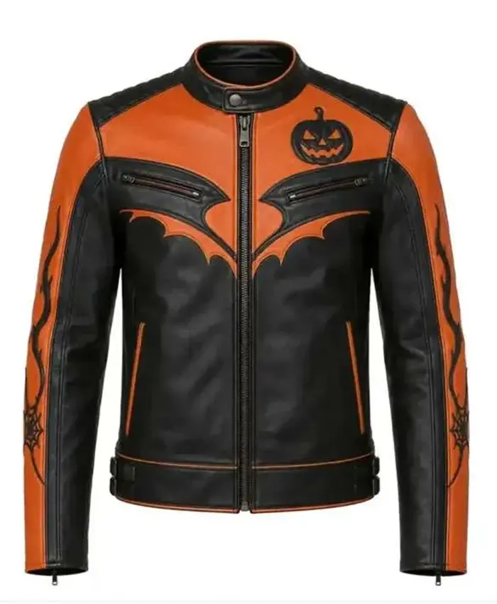 Shop Spooky Halloween Pumpkin Handmade Orange and Black Leather Jacket For Sale