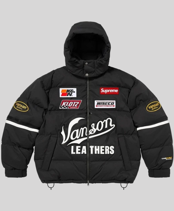 Shop Supreme x Vanson Leathers Fall Winter 2026 Collection Black Cordura Hooded Down Puffer Jacket For Sale