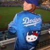Shop Women's Hello Kitty x Los Angeles Dodgers Blue Satin Bomber Jacket For Sale
