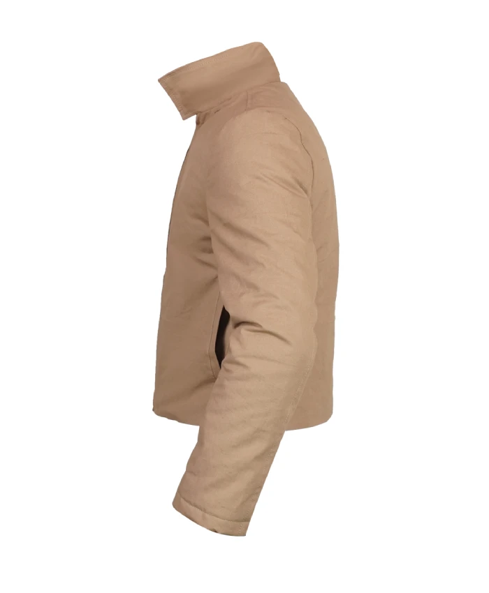 Rihanna SoHo NYC 2026 beige cotton jacket with zipper closure and full-length sleeves