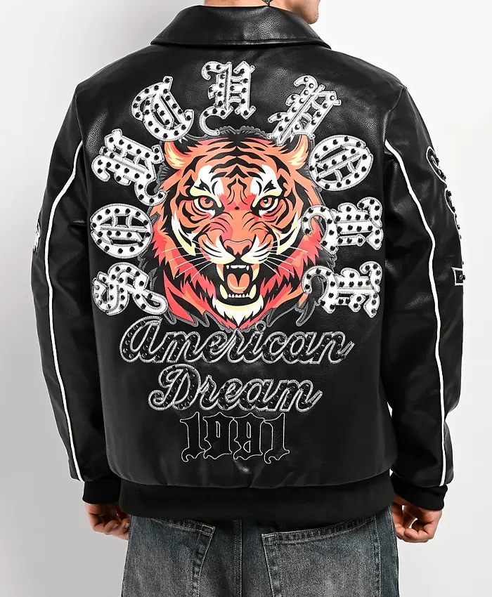 Southpole Stud Tiger Logo Black Leather Bomber Jacket