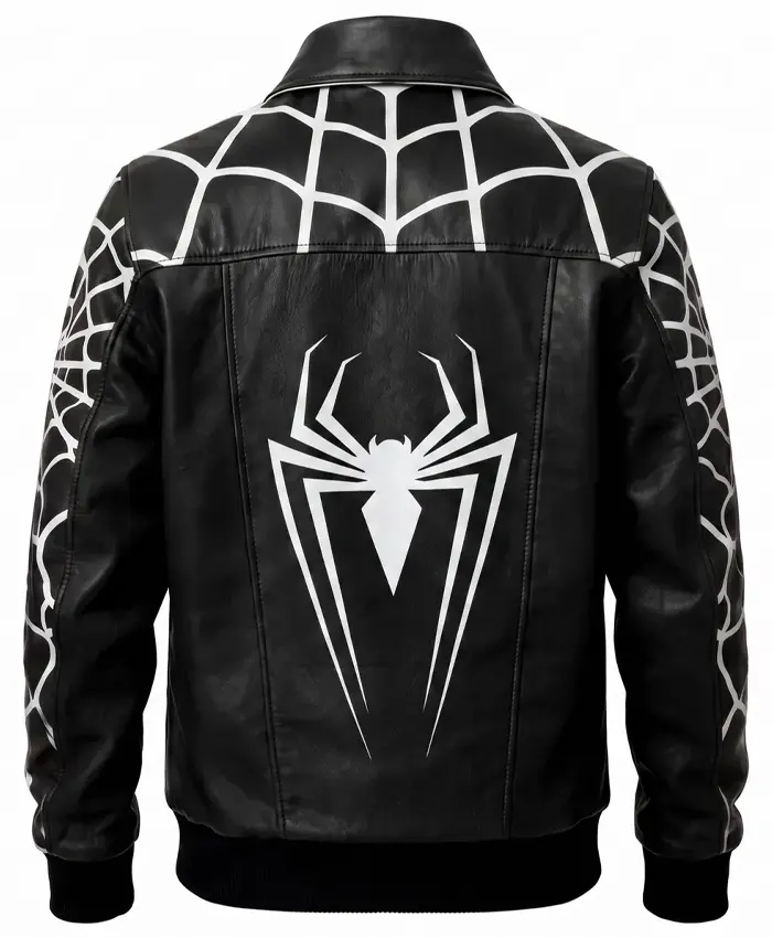 Spiderman Black Leather White Web Bomber Jacket Back