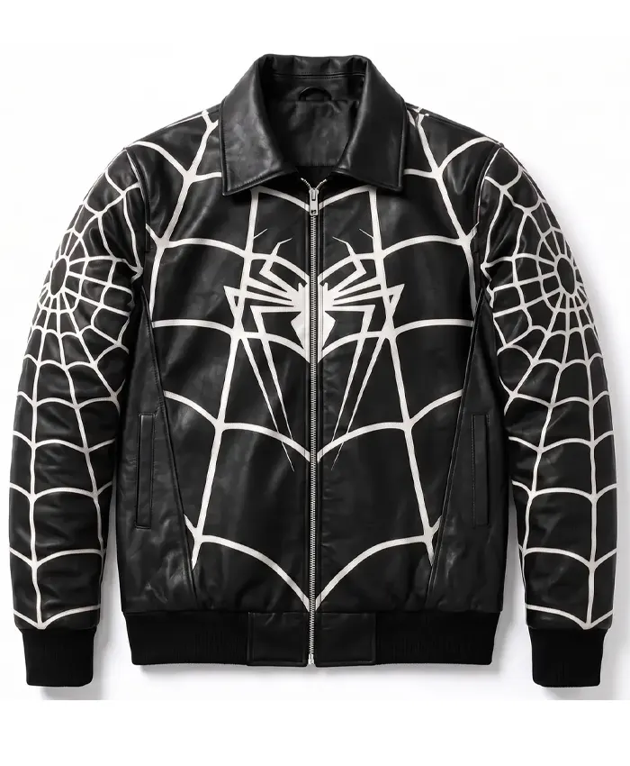 Spiderman Black Leather White Web Bomber Jacket