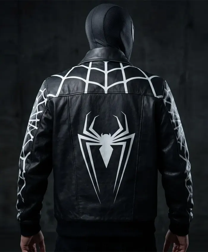 Spiderman Bomber Black Leather White Web Jacket Back