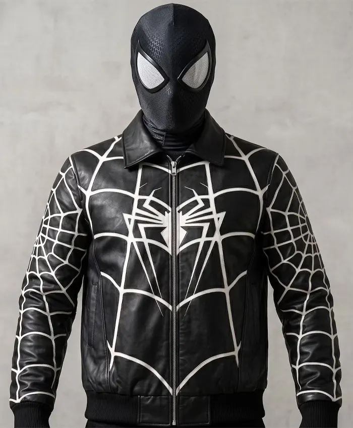 Spiderman Bomber Black Leather White Web Jacket