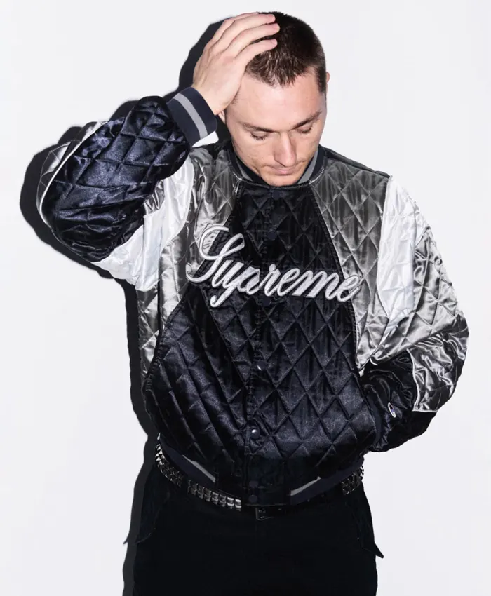 Supreme Champion Quilted Navy Satin Varsity Jacket