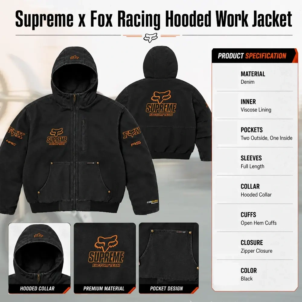 Supreme x Fox Racing Hooded Work Jacket Infographic
