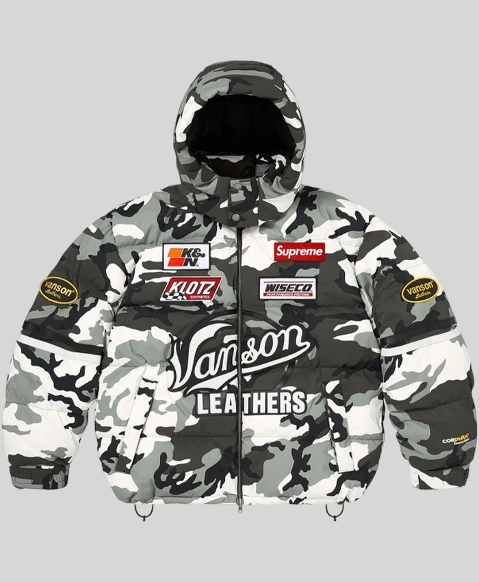 Supreme x Vanson Leathers Snow Camo Cordura Down Puffer Jacket With Hood
