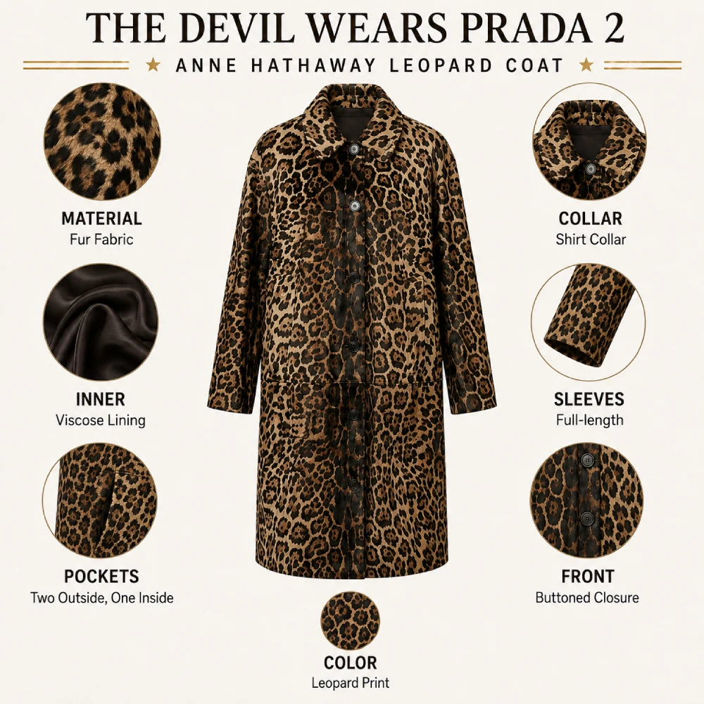 The Devil Wears Prada 2 Anne Hathaway Leopard Coat Infographic