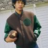 Timberland-Brown-And-Green-Tree-Logo-Wool-Leather-Letterman-Varsity-Jacket-front-view