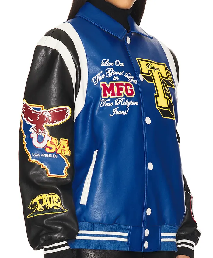 True Religion Color Block Bomber Leather Jacket