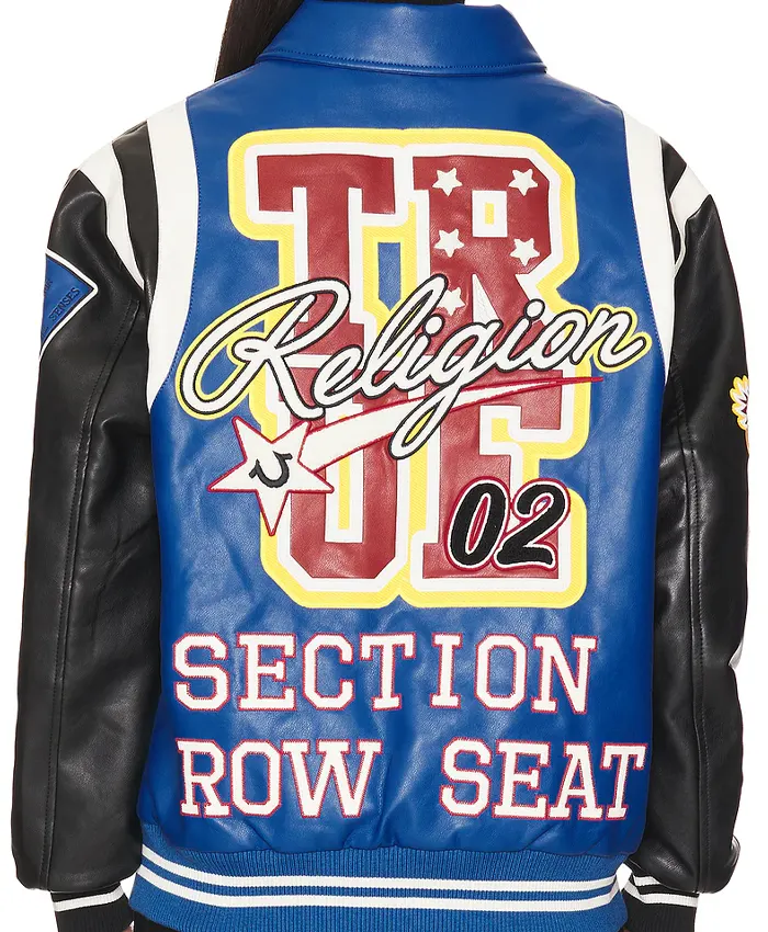True Religion Color Block Bomber Varsity Leather Jacket Back