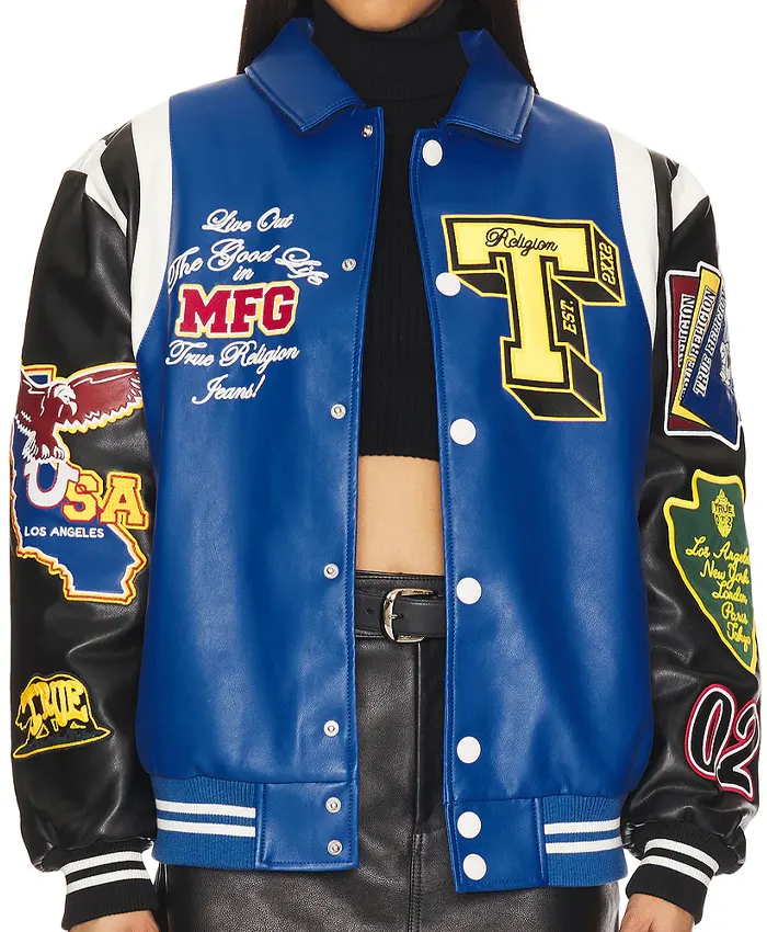 True Religion Color Block Bomber Varsity Leather Jacket