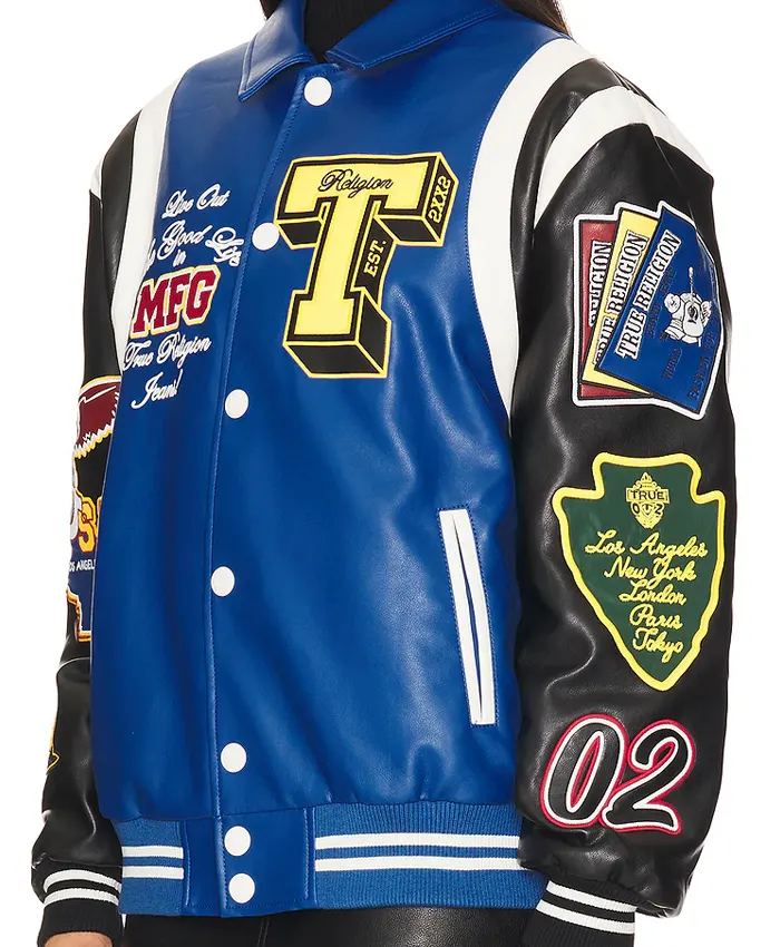 True Religion Color Block Leather Bomber Varsity Jacket