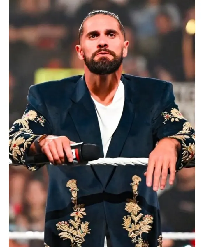 WWE RAW Seth Rollins Golden Peacock Navy Blue Velvet Long Coat