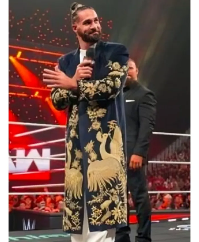 WWE RAW Seth Rollins Golden Peacock Navy Blue Velvet Long Coat Front