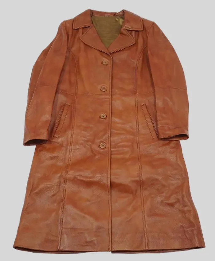 Women Button Style Long Brown Leather Coat