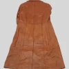 Women Double Breasted Tan Leather Long Jacket Back