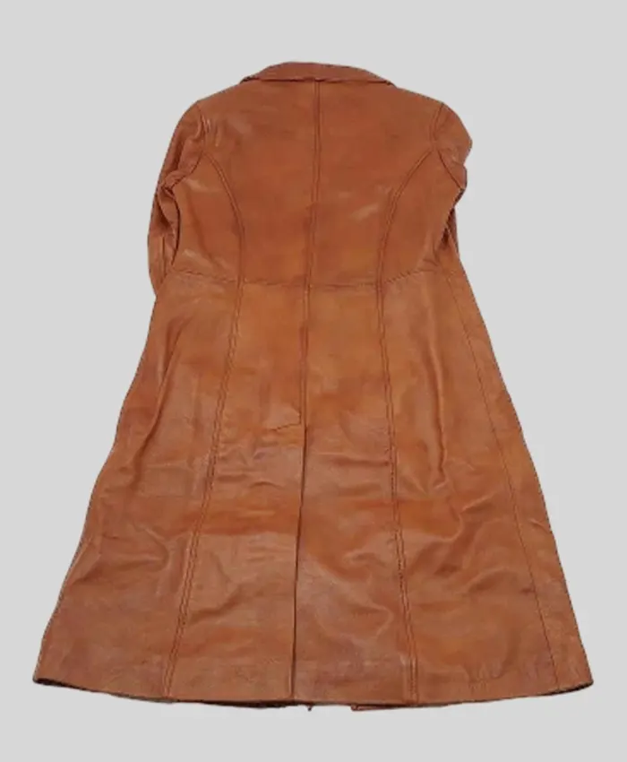 Women Double Breasted Tan Leather Long Jacket Back